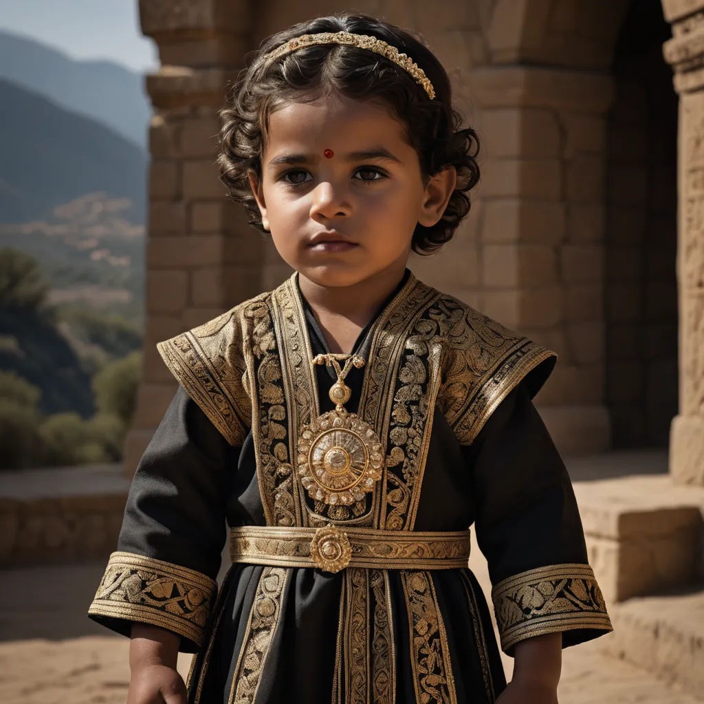 a young girl dressed in a black and gold outfit with a gold necklace and a gold head piece, standing in front of a stone wall, samikshavad, a detailed matte painting, Altoon Sultan, promotional image