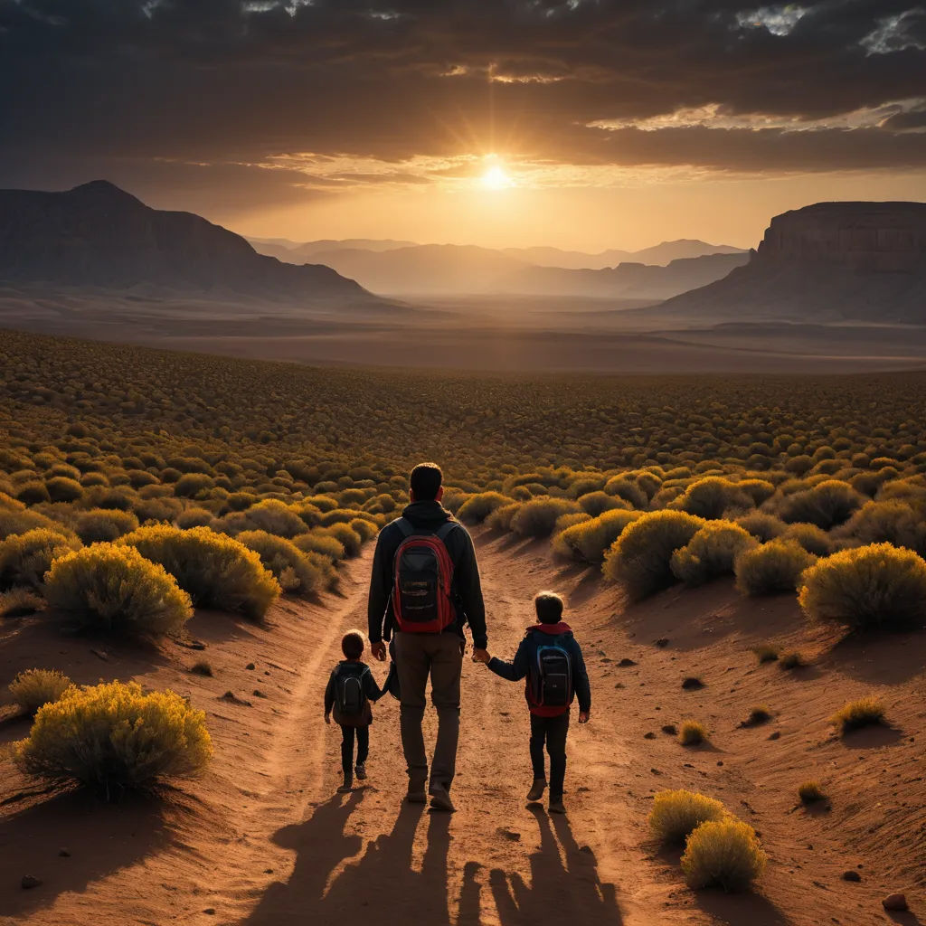 a man and two children walking down a dirt road in the desert at sunset with mountains in the background, art photography, a storybook illustration, Amir Zand, award - winning photo