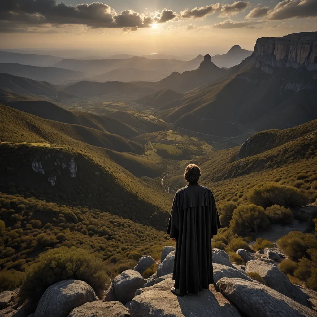 a man standing on top of a mountain looking at the valley below him and the sun setting behind him, art photography, a matte painting, Christophe Vacher, cinematic photography