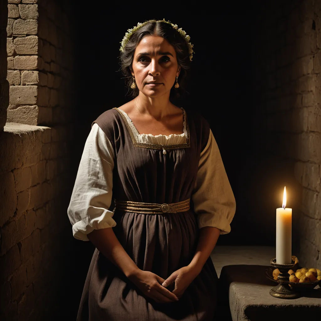 a woman in a brown dress standing next to a candle and a table with fruit on it and a brick wall, renaissance, a character portrait, Araceli Gilbert, promotional image