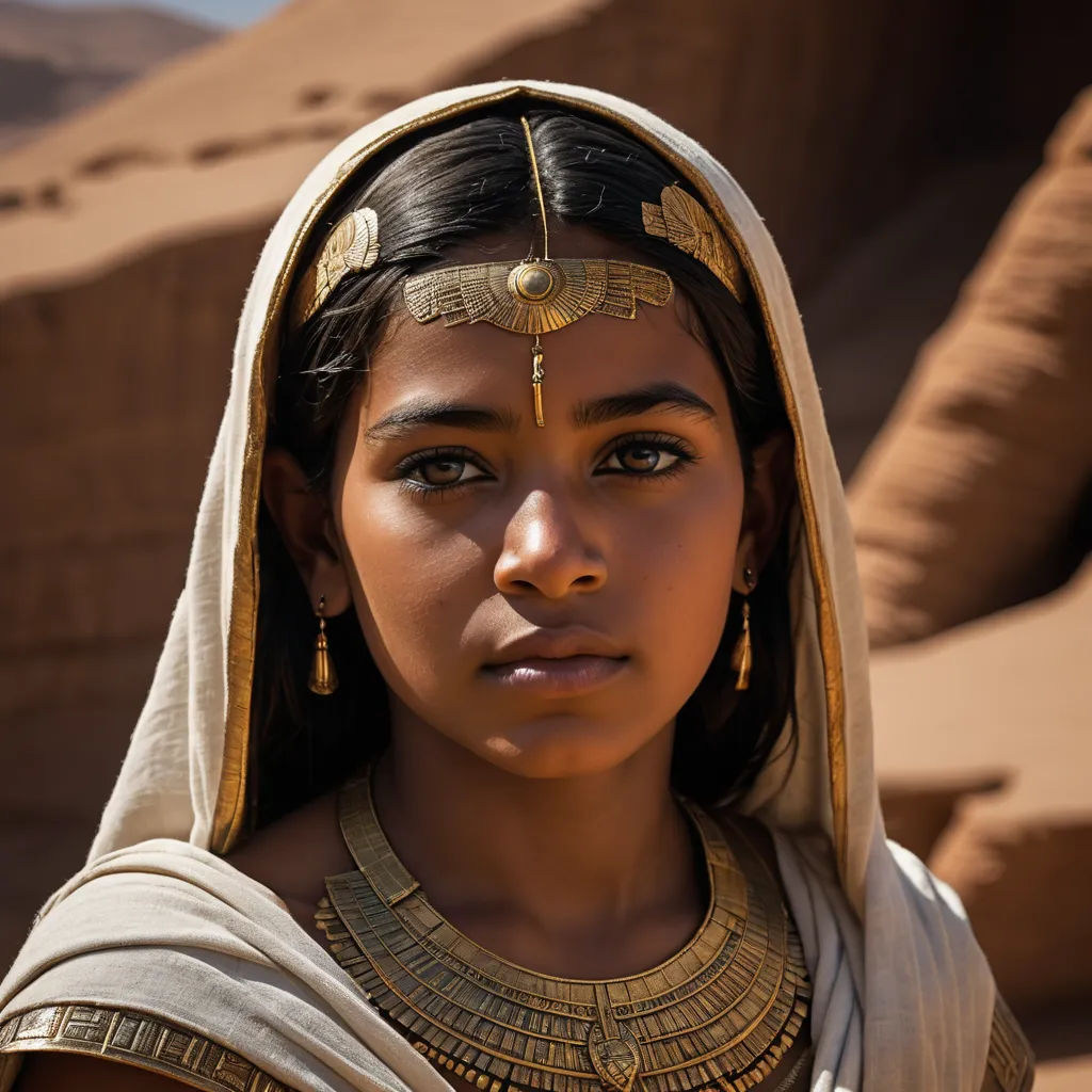 a woman in a headdress and a veil on her head in front of a desert landscape with a rock formation, afrofuturism, egyptian art, Elke Vogelsang, promotional image
