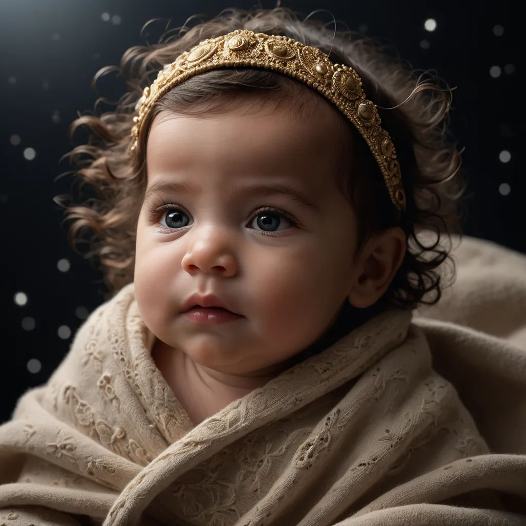 a baby girl with a gold headband on her head and a blanket around her neck, looking at the camera, art photography, a photorealistic painting, Caroline Lucy Scott, portrait photography