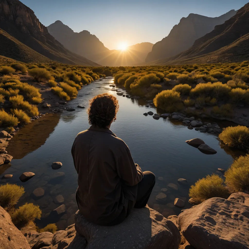 a man sitting on a rock looking at the sun over a river in the mountains with a river running through it, art photography, a stock photo, Amir Zand, tranquil
