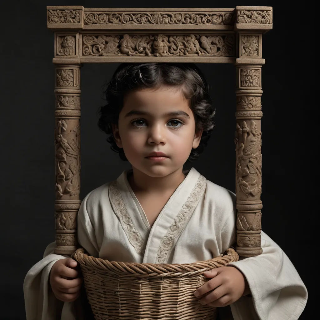 a young girl in a white dress holding a basket with a wooden frame on it's head and a black background, art photography, a marble sculpture, Anne Geddes, portrait photography