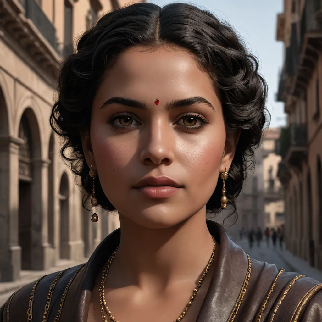 a woman with a necklace and earrings on a street corner in a city with buildings and people in the background, photorealism, a photorealistic painting, Cassandra Austen, ultra realistic faces
