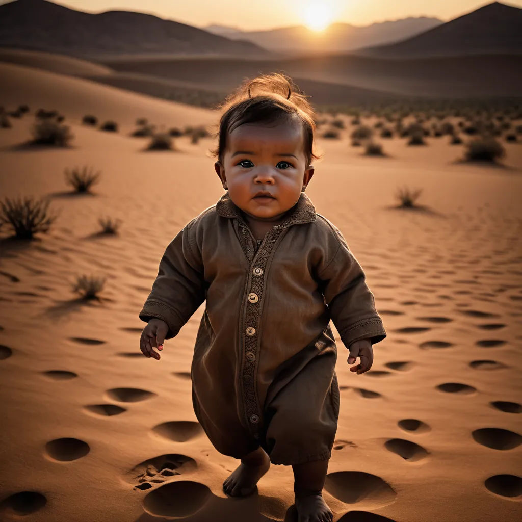 a baby in a brown outfit walking across a desert field at sunset with mountains in the background and a sun setting, art photography, a photo, Amir Zand, award - winning photography