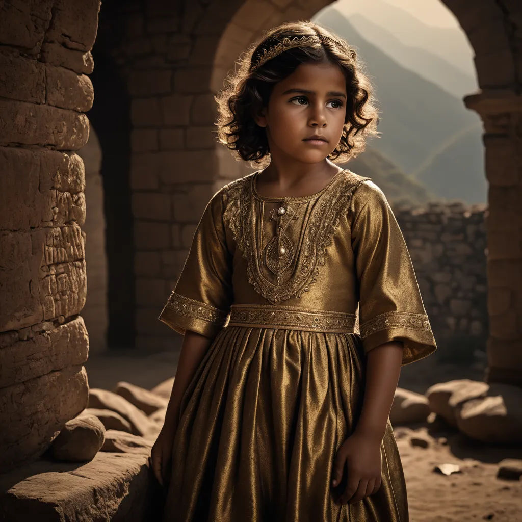 a little girl in a gold dress standing in a doorway with mountains in the background and a stone archway, art photography, egyptian art, Charly Amani, cinematic photography