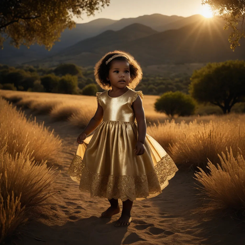a little girl in a gold dress standing in a field of grass with the sun shining behind her and hills in the distance, magical realism, an album cover, Chinwe Chukwuogo-Roy, cinematic photography
