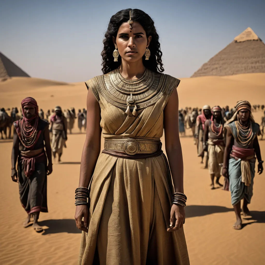 a woman in a dress standing in front of a group of people in the desert with pyramids in the background, samikshavad, egyptian art, Araceli Gilbert, promotional image