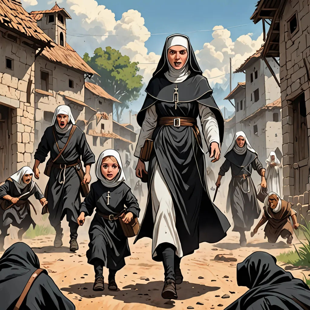 a painting of a nun walking with two children in a village with other people in the background and a dog in the foreground, antipodeans, a detailed matte painting, F Scott Hess, comic cover art