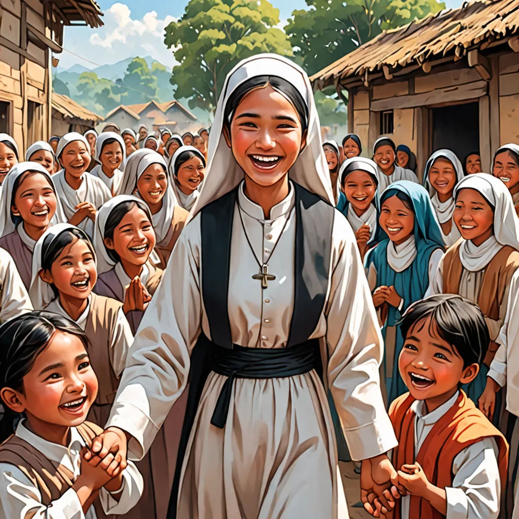 a painting of a nun holding hands with a group of children in front of her and a building with a tree, purism, a storybook illustration, Drew Struzan, official art