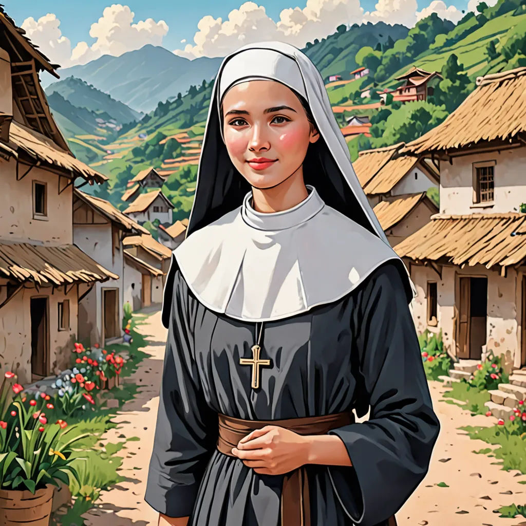 a painting of a nun holding a cross in a village with flowers and mountains in the background, and a woman in a nun costume, purism, a detailed matte painting, Araceli Gilbert, high detail illustration
