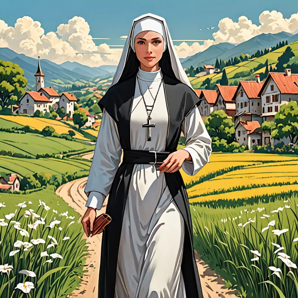 a painting of a nun holding a purse and walking down a path in a field of flowers and grass, purism, a character portrait, Brothers Hildebrandt, official art