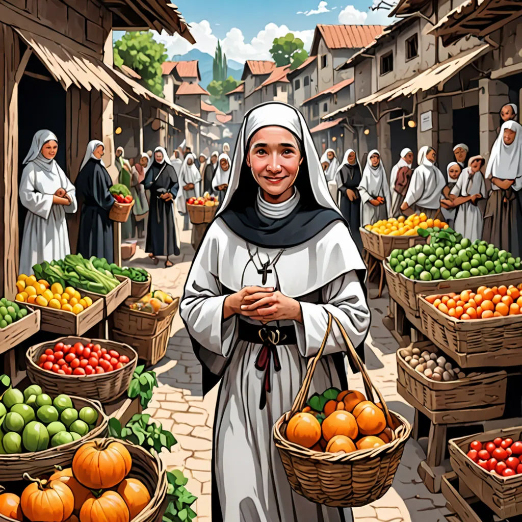 a woman in a nun outfit holding a basket of fruit in a market area with other people in the background, lyco art, a storybook illustration, Edward Sorel, highly detailed digital painting