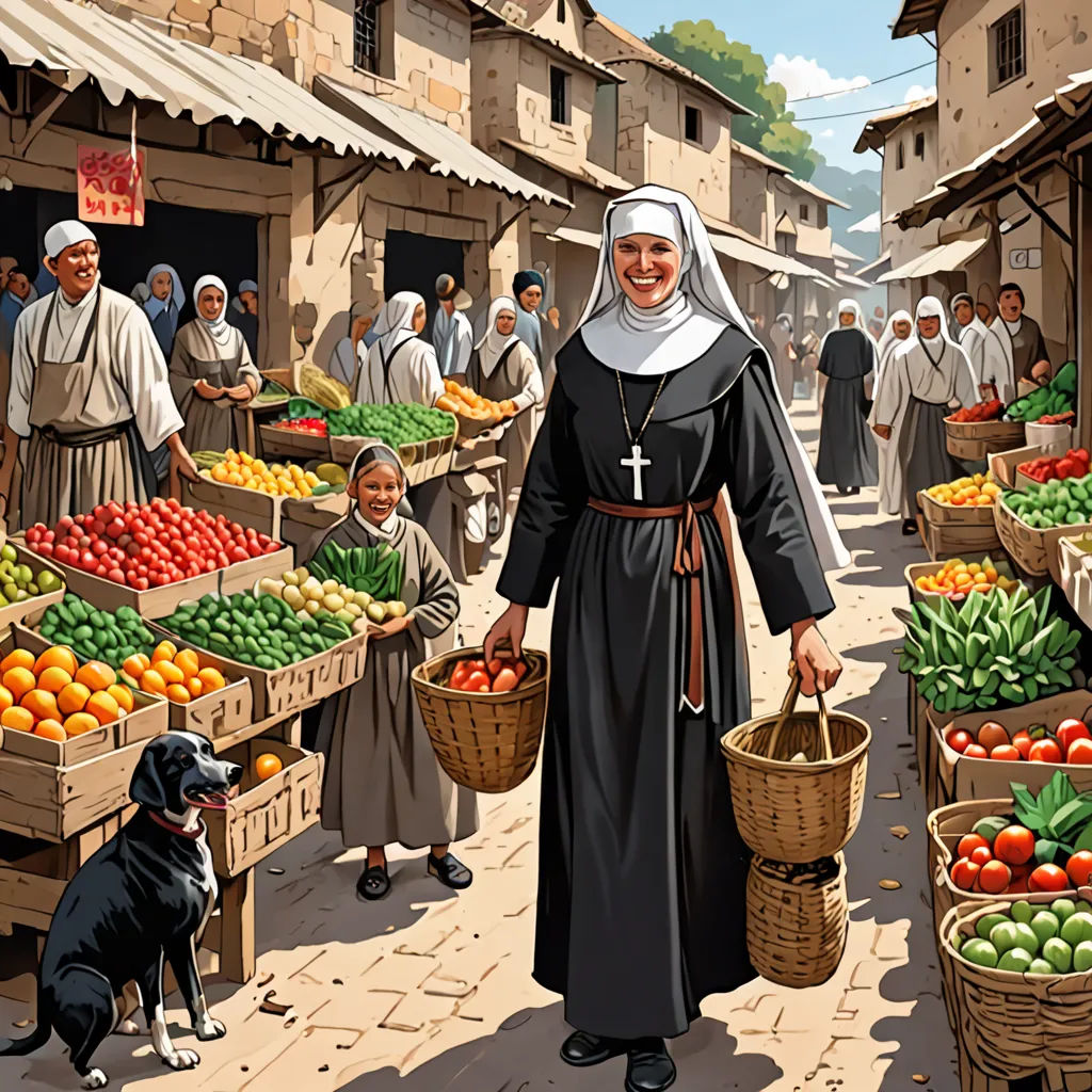 a woman in a nun outfit is holding two baskets of fruit and a dog is standing in front of a market, purism, a detailed matte painting, Edward Sorel, highly detailed digital painting