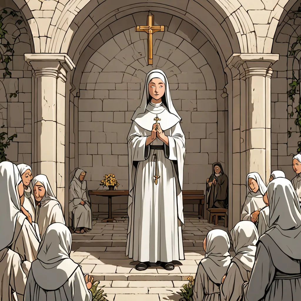 a cartoon of a nun in a church with a cross on her chest and people sitting in the background, purism, a storybook illustration, Edward Sorel, official art