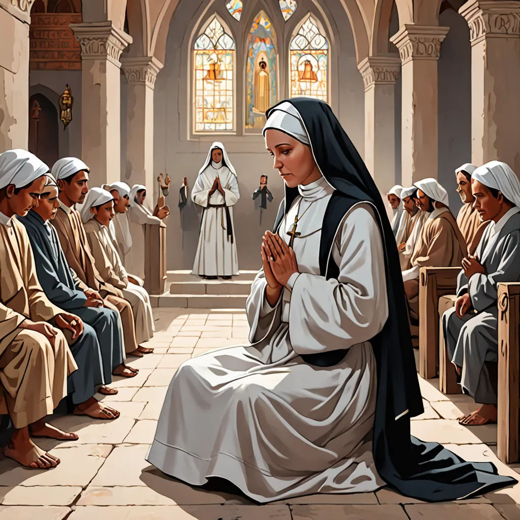 a painting of a nun sitting in front of a group of people in a church with a priest standing at the front of the room, purism, an ultrafine detailed painting, Brothers Hildebrandt, art noveau