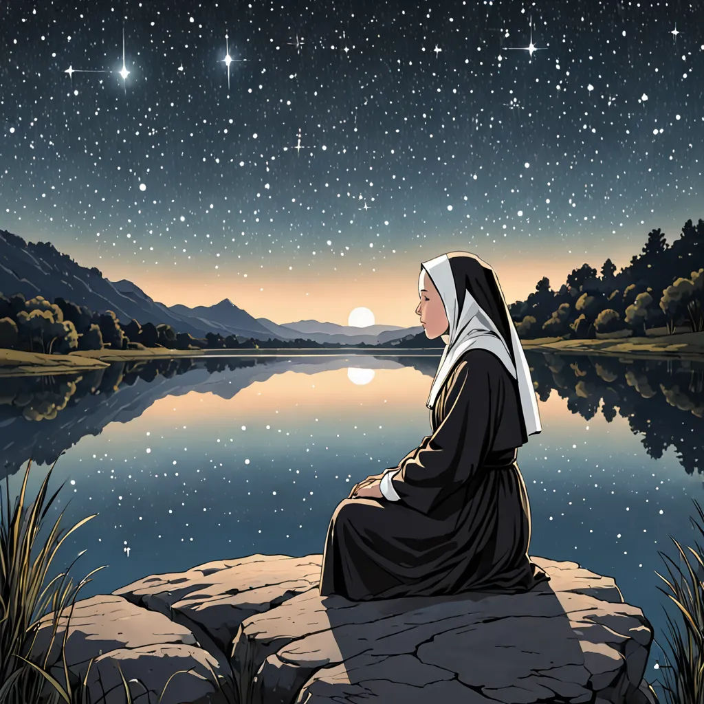 a woman sitting on a rock looking at the stars above a lake and mountains in the distance with a lake below, purism, poster art, Felice Casorati, official art