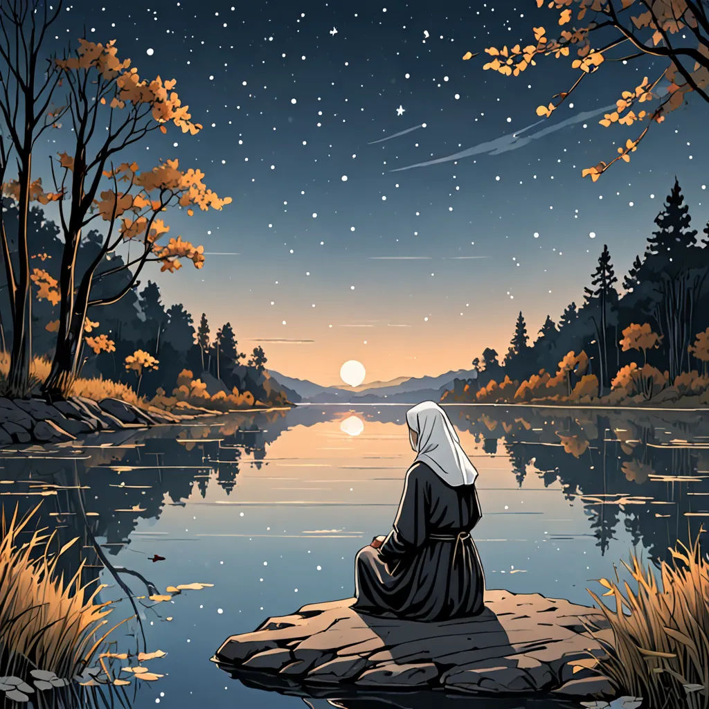 a woman sitting on a rock looking at the water at night with a full moon in the sky above, purism, a storybook illustration, Dan Mumford, official art
