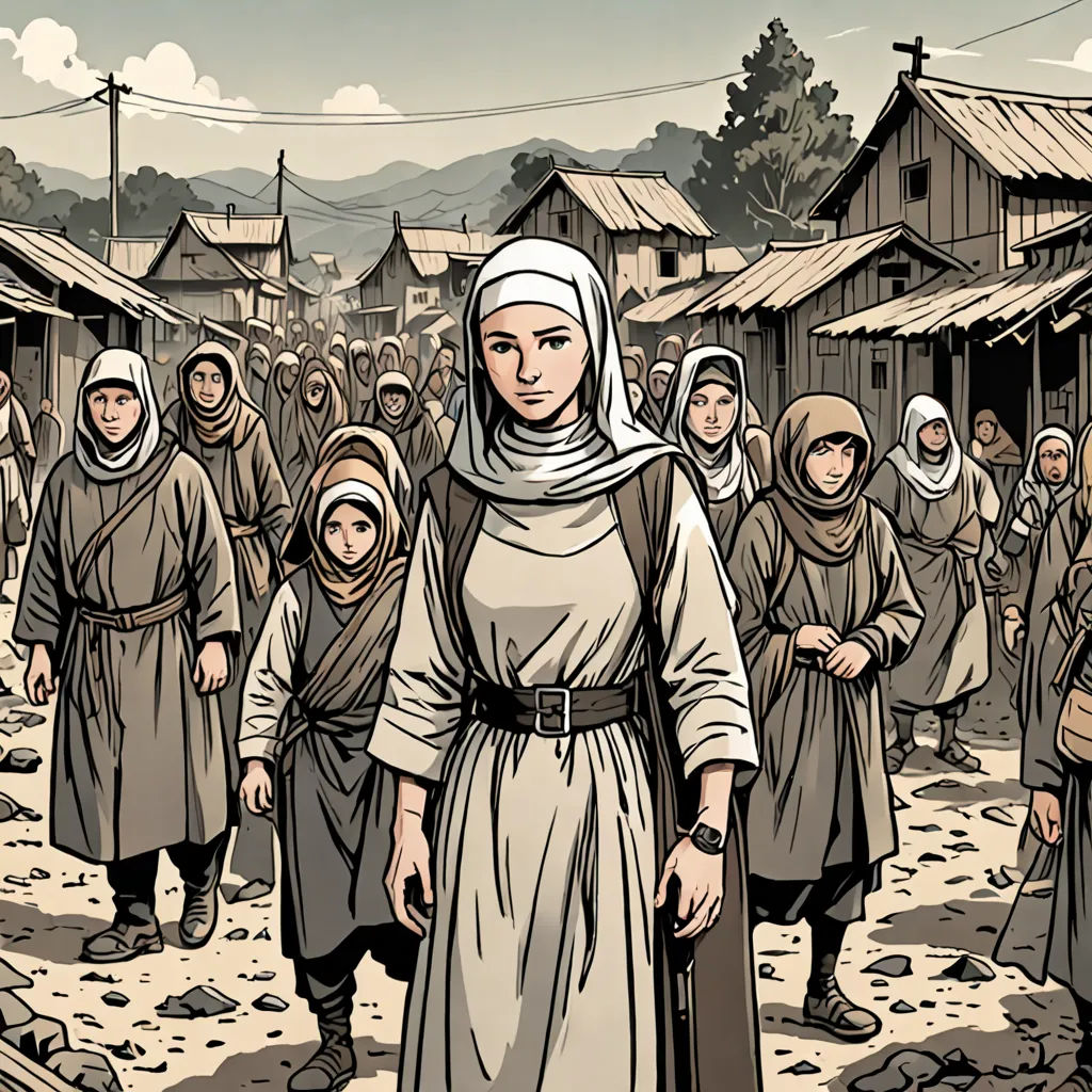 a woman in a nun outfit walking through a village with other people in the background and a sky background, antipodeans, a comic book panel, Ada Gladys Killins, graphic novel