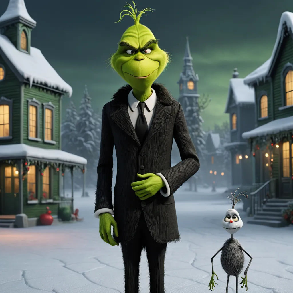 a cartoon character standing next to a small character in a suit and tie in front of a house with a creepy looking face, international gothic, an ambient occlusion render, Ernest William Christmas, promotional image