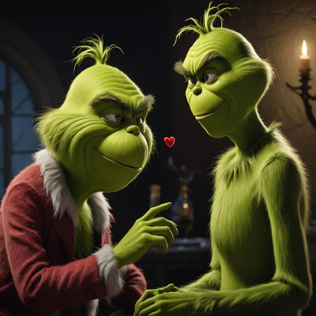 a couple of grinen grin and a woman in a red dress sitting down together in front of a candle, romanticism, a 3D render, Felix-Kelly, cgi