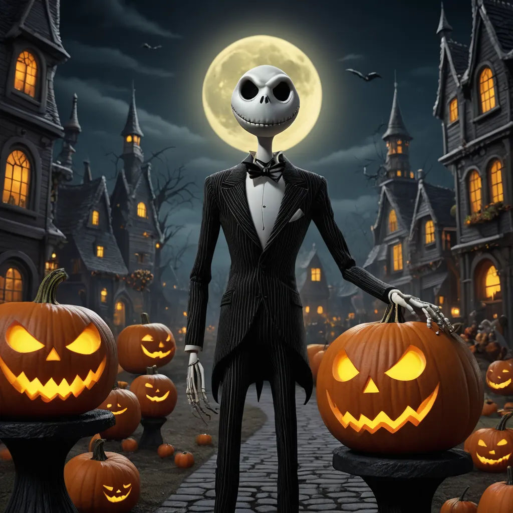 a skeleton dressed in a tuxedo standing in front of a graveyard with pumpkins and a full moon, gothic art, a character portrait, Adam Saks, spooky