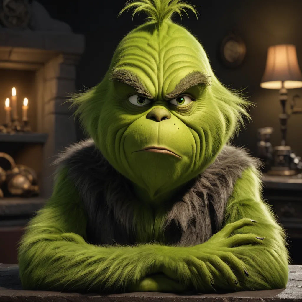 a green monster with a furry coat on sitting in a living room with a fireplace and a clock in the background, photorealism, a character portrait, Eddie Mendoza, unreal engine 5 quality render