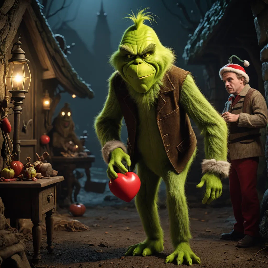 a man standing next to a green monster holding a heart in a forest setting with a man in a red hat, photorealism, an ambient occlusion render, Cliff Childs, promotional image