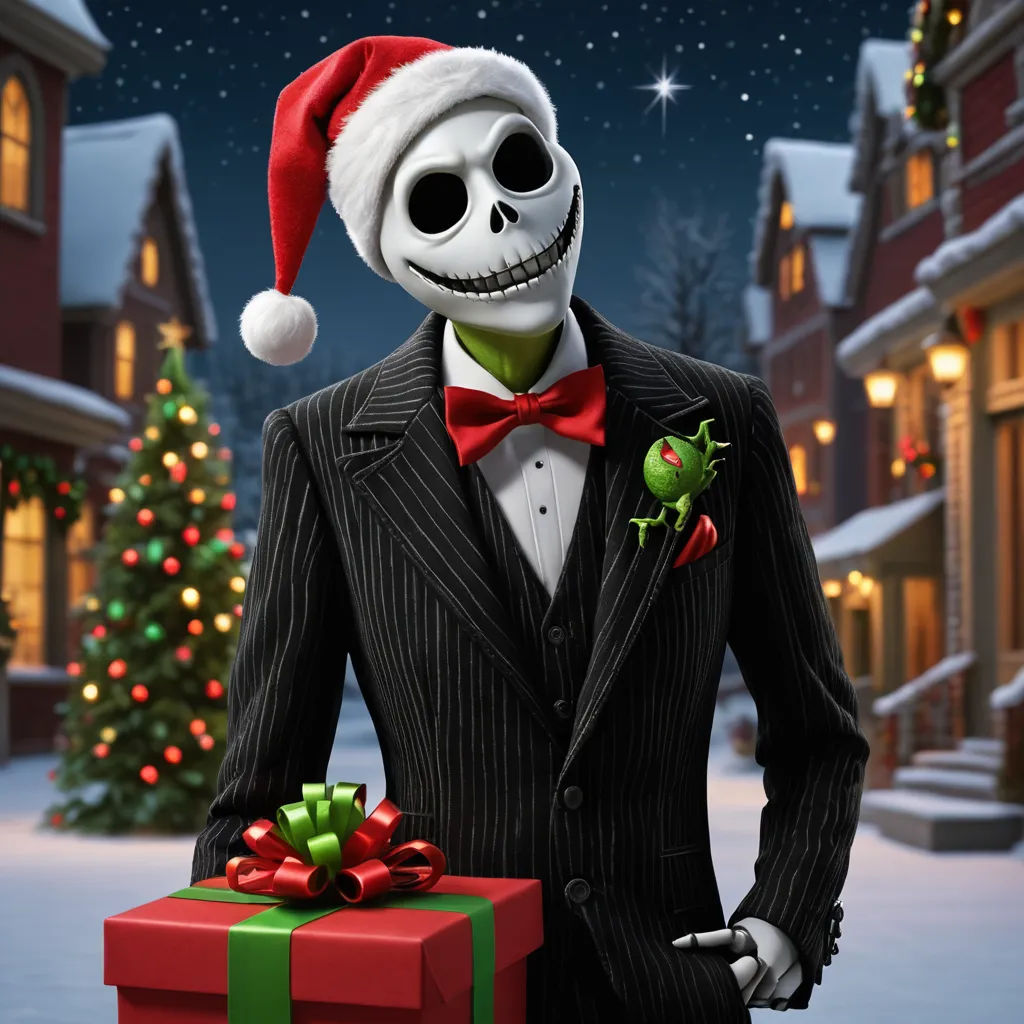 a skeleton dressed in a suit and hat holding a present box in front of a christmas tree with a santa hat on, vanitas, an ambient occlusion render, Ernest William Christmas, promotional image
