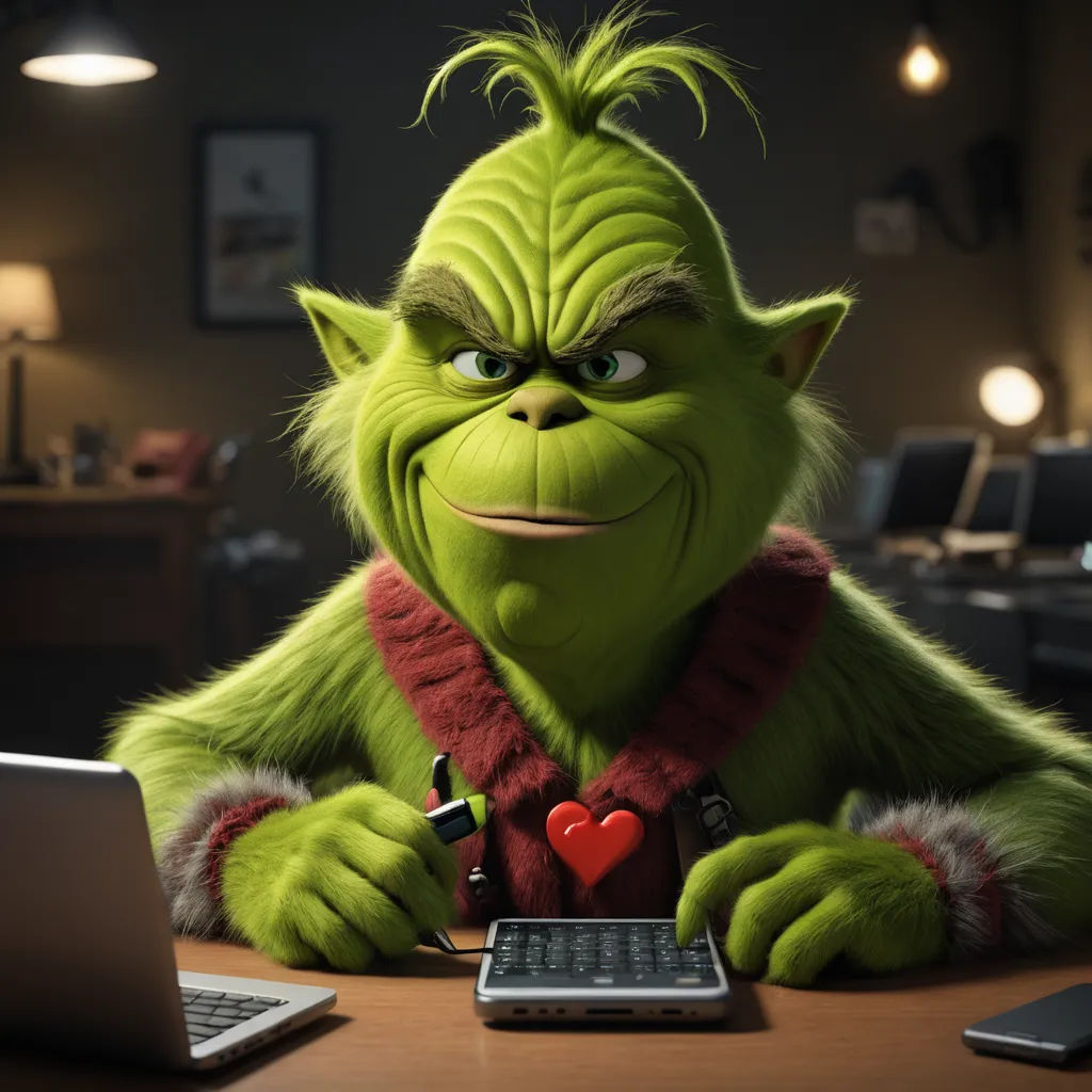 a green troll sitting at a desk with a laptop computer and a heart in his lap top, with a lamp on, sots art, a computer rendering, Chris LaBrooy, unreal engine 5 quality render