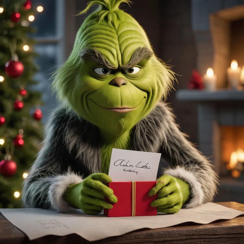 a grin face holding a red box with a note on it and a christmas tree in the background with lights, private press, a 3D render, Ernest William Christmas, unreal engine 5 quality render