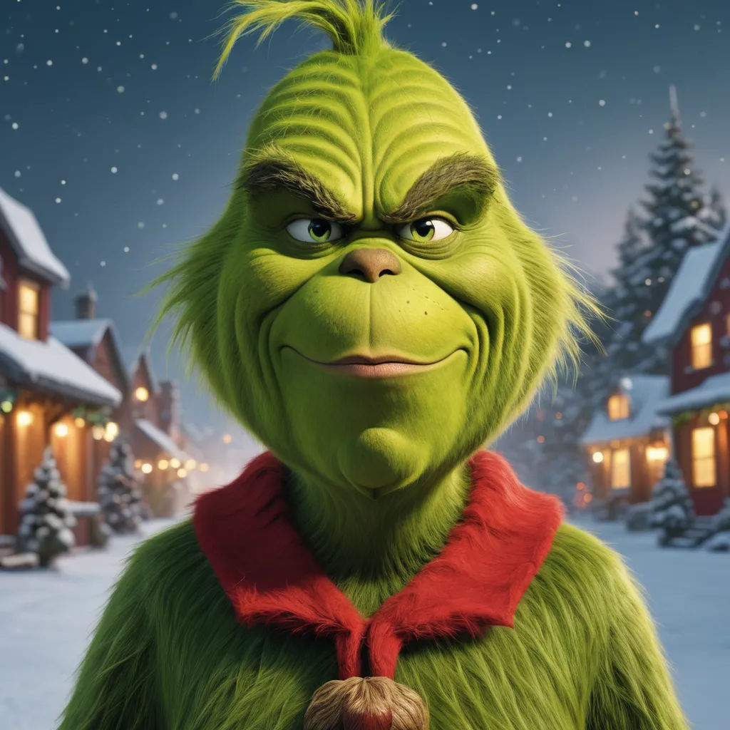 a green grin is standing in front of a snowy village at night with a red scarf on his neck, excessivism, a character portrait, Ernest William Christmas, unreal engine 5 quality render