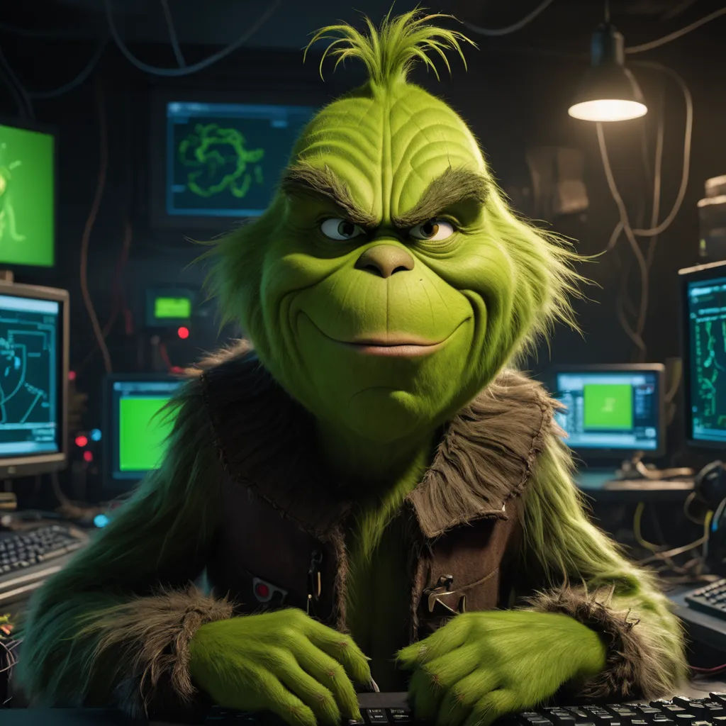 a green grin sitting in front of a computer desk with monitors and keyboards on it's sides and a keyboard on the other side, les automatistes, computer graphics, Eddie Mendoza, unreal engine 5 quality render