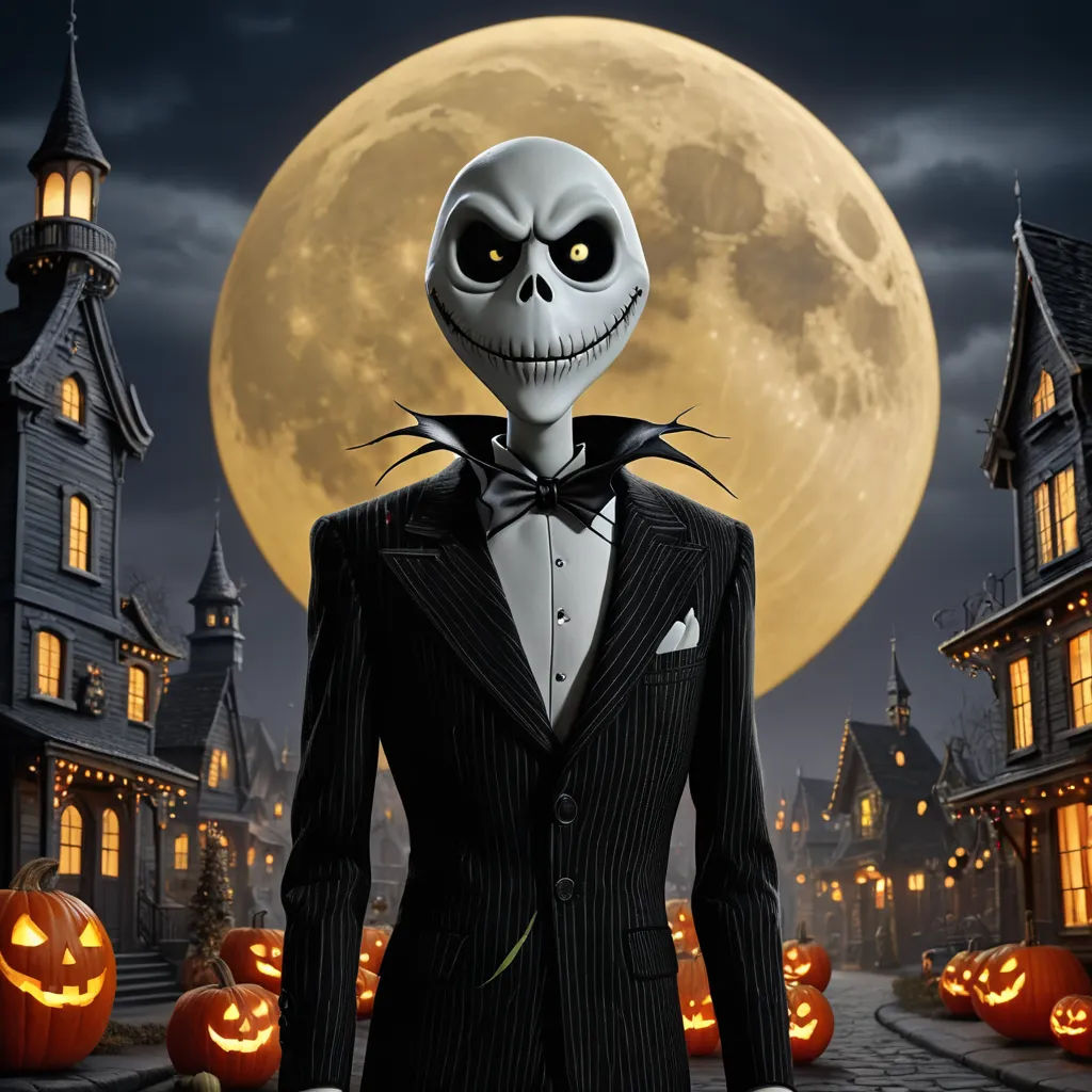 a skeleton dressed in a tuxedo standing in front of a full moon with pumpkins in the background, gothic art, a character portrait, Adam Saks, promotional image