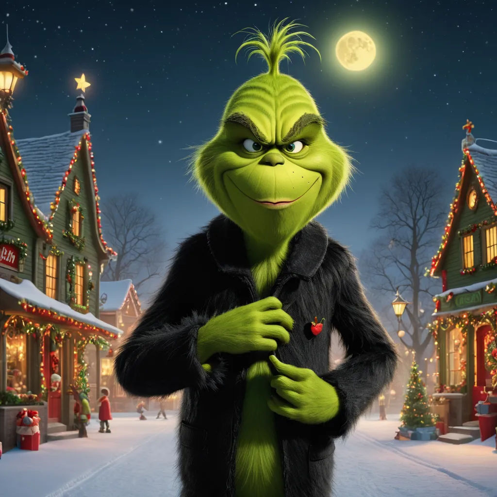 a grin face dressed in a fur coat standing in front of a christmas village at night with a full moon, les nabis, a character portrait, Ernest William Christmas, promotional image