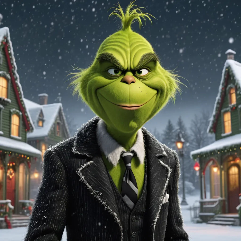 a green grin dressed in a suit and tie standing in front of a house with snow falling on it, les nabis, a character portrait, Ernest William Christmas, promotional image