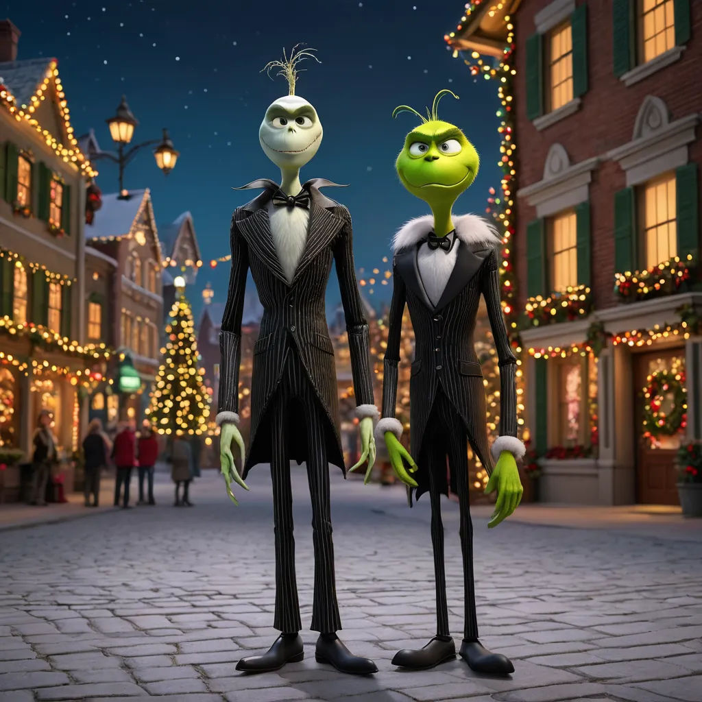 a couple of animated characters standing next to each other on a street at night with christmas lights in the background, antipodeans, concept art, Andries Both, promotional image