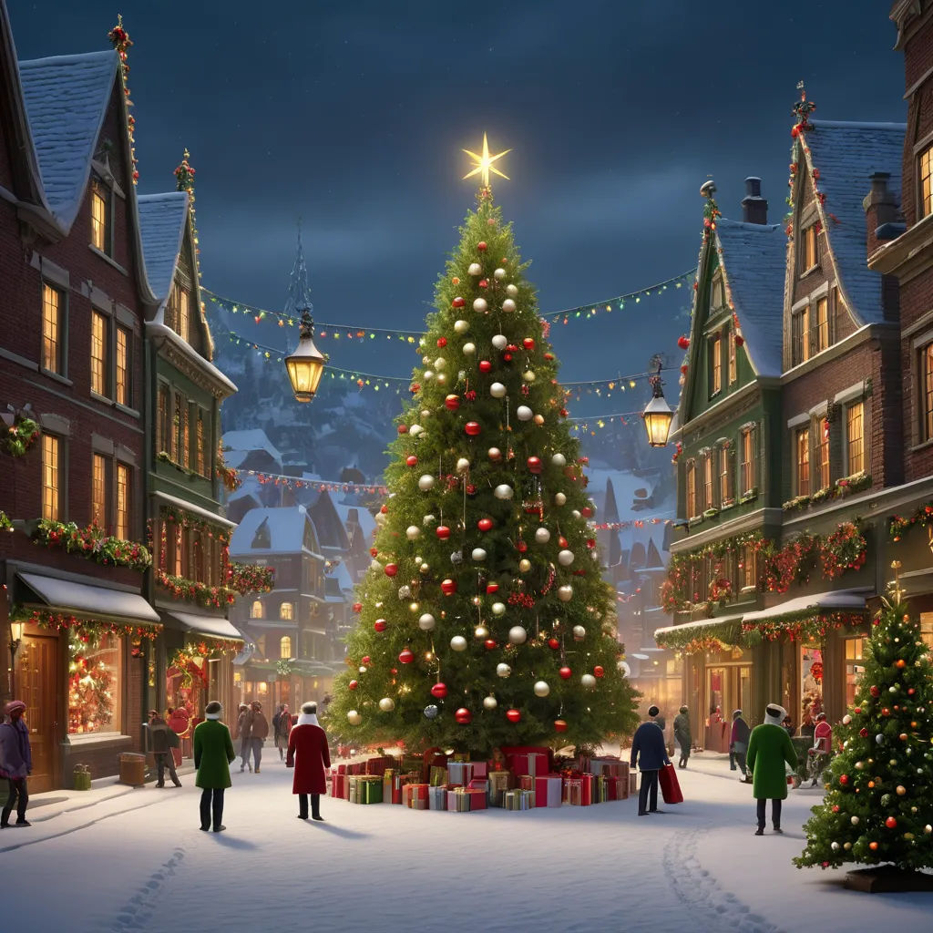 a christmas tree in a snowy town square with people walking around it and a lit up christmas tree in the middle, photorealism, a detailed matte painting, Evgeny Lushpin, unreal engine render