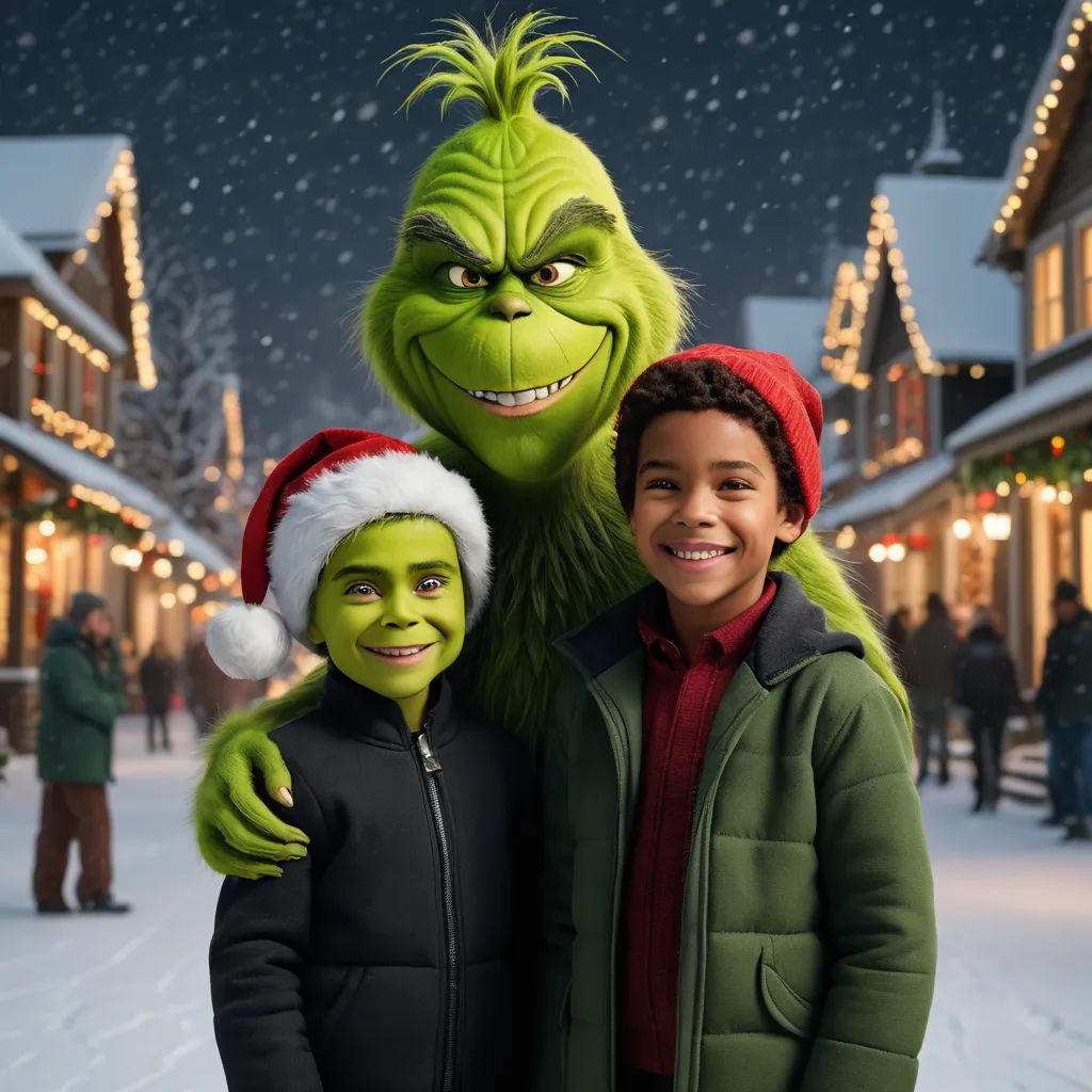 a couple of kids standing next to a grin face in the snow with a christmas hat on and a grin face on, dau-al-set, a poster, Felix-Kelly, promotional image