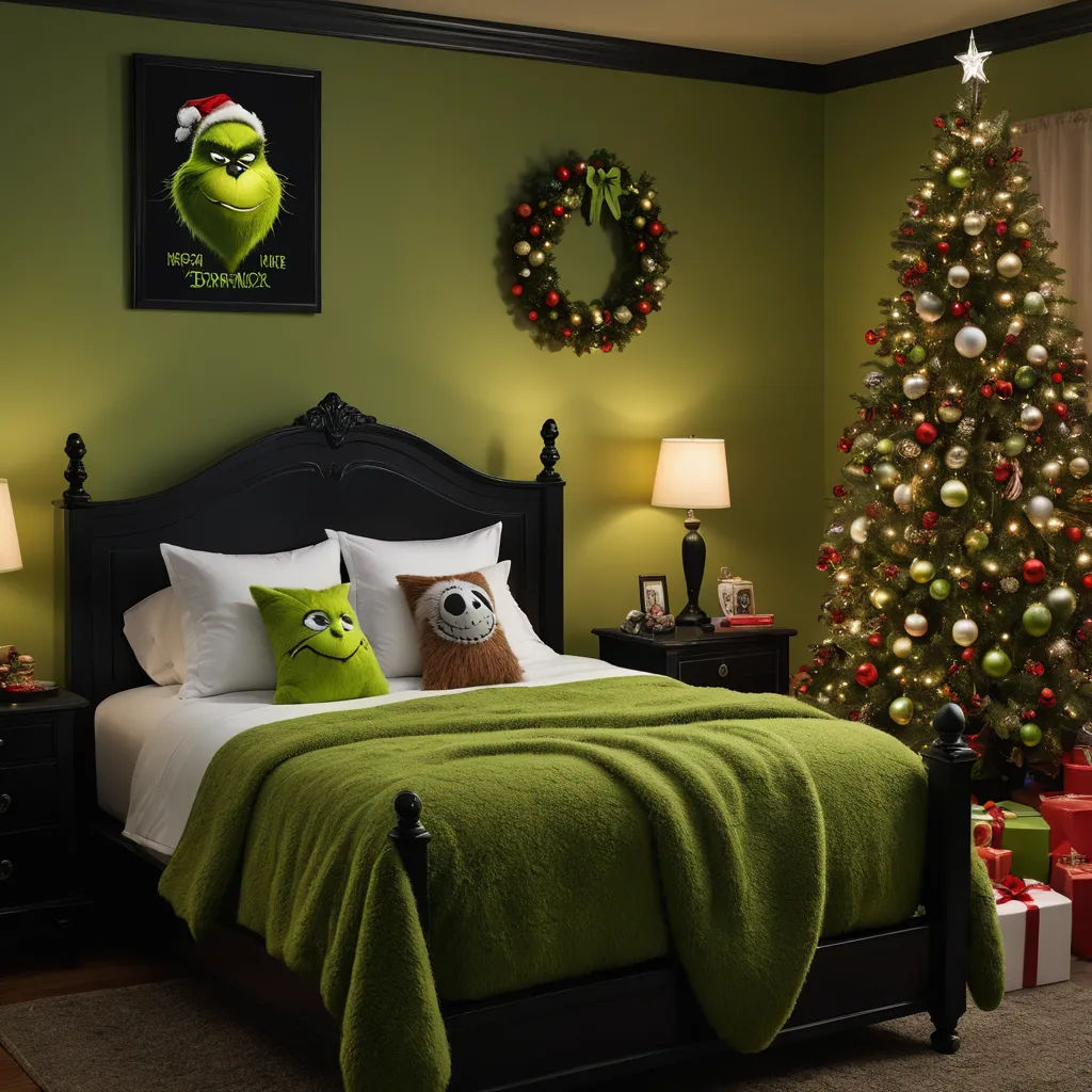 a bedroom decorated for christmas with a green bed and a christmas tree in the corner of the room and a christmas wreath on the wall, photorealism, a digital rendering, Chris LaBrooy, unreal engine render