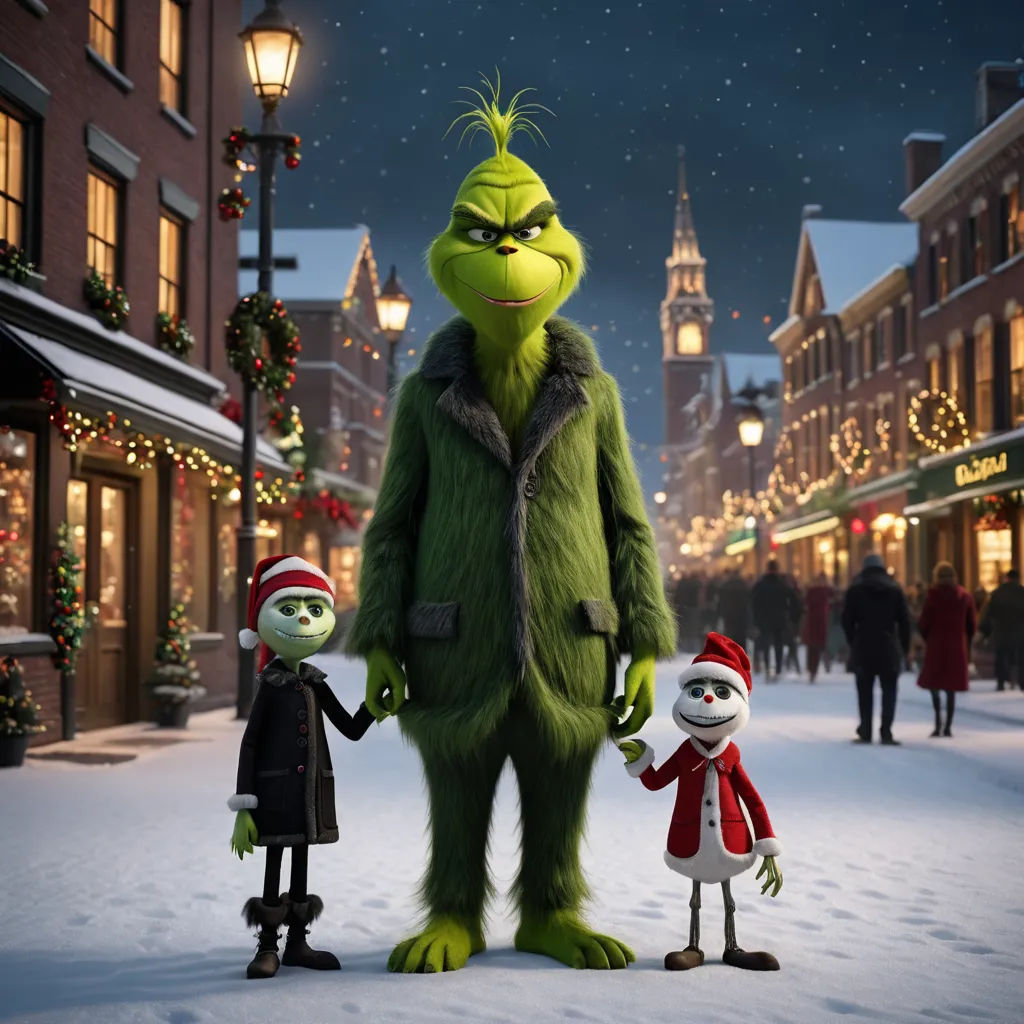 a couple of people standing next to a grin on a street covered in snow with a christmas tree in the background, antipodeans, a poster, Felix-Kelly, promotional image