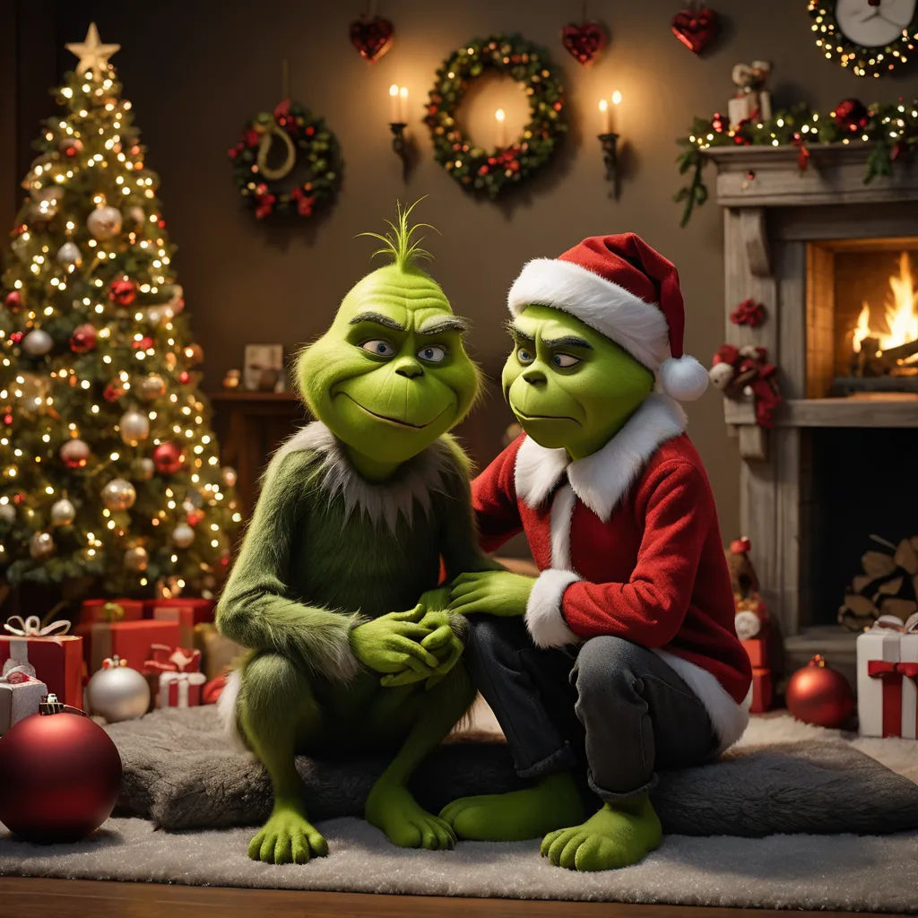 a couple of grinen sitting next to each other in front of a christmas tree and a fireplace with a lit christmas tree, photorealism, a 3D render, Ernest William Christmas, unreal 5 render