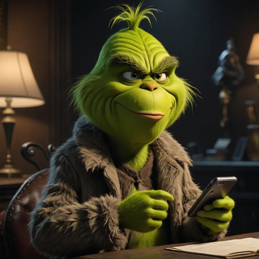 a green grin sitting at a desk with a cell phone in his hand and a lamp in the background, private press, a character portrait, Edi Rama, unreal engine 5 quality render