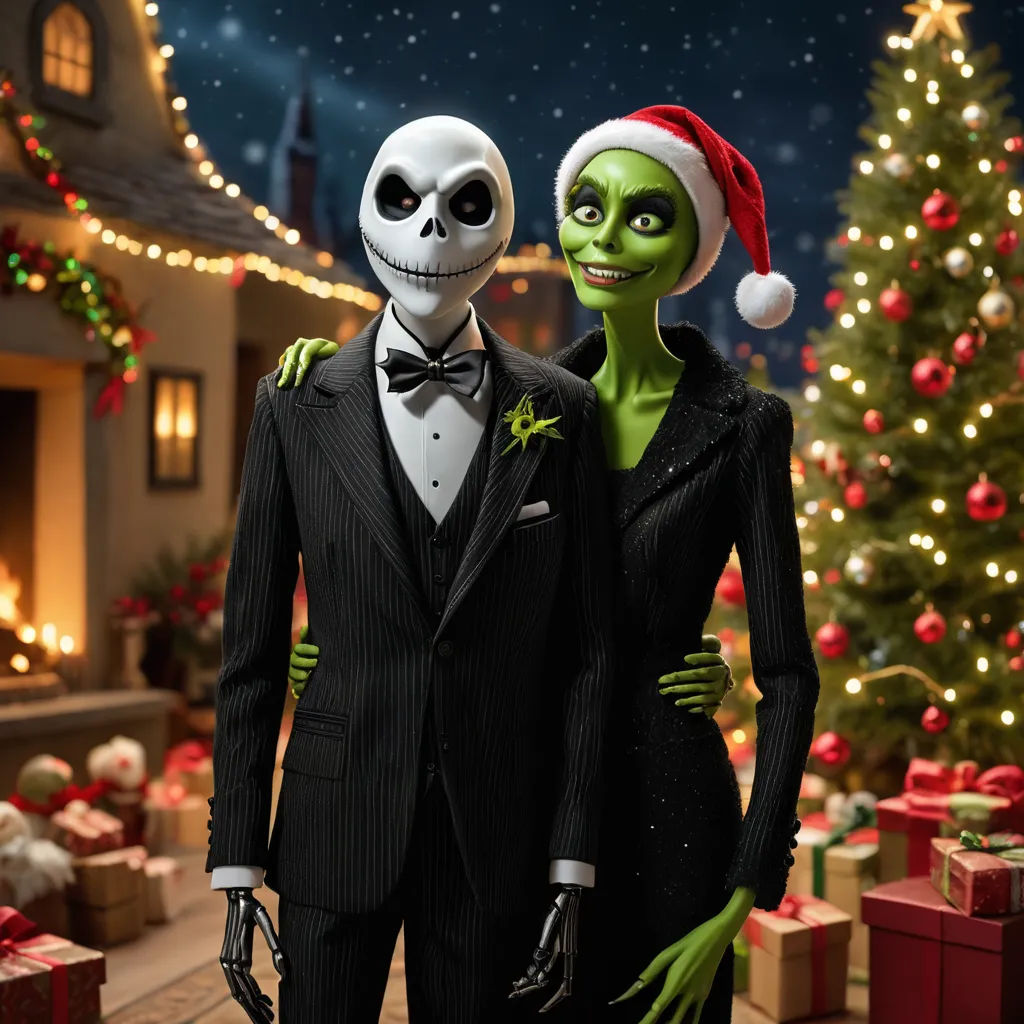 a couple dressed up as jack and sally from the grinen movie, dressed up for christmas in front of a christmas tree, international gothic, a 3D render, Ernest William Christmas, vfx