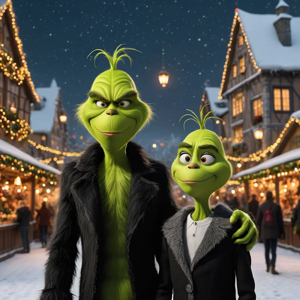a couple of people standing next to each other in front of a building with christmas lights on it and a street, antipodeans, concept art, Ernest William Christmas, promotional image