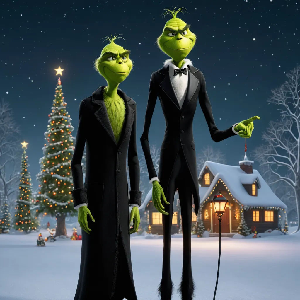 a couple of grin and the grin in front of a christmas tree with a house in the background and a lit up tree, les nabis, an ambient occlusion render, Andries Both, promotional image