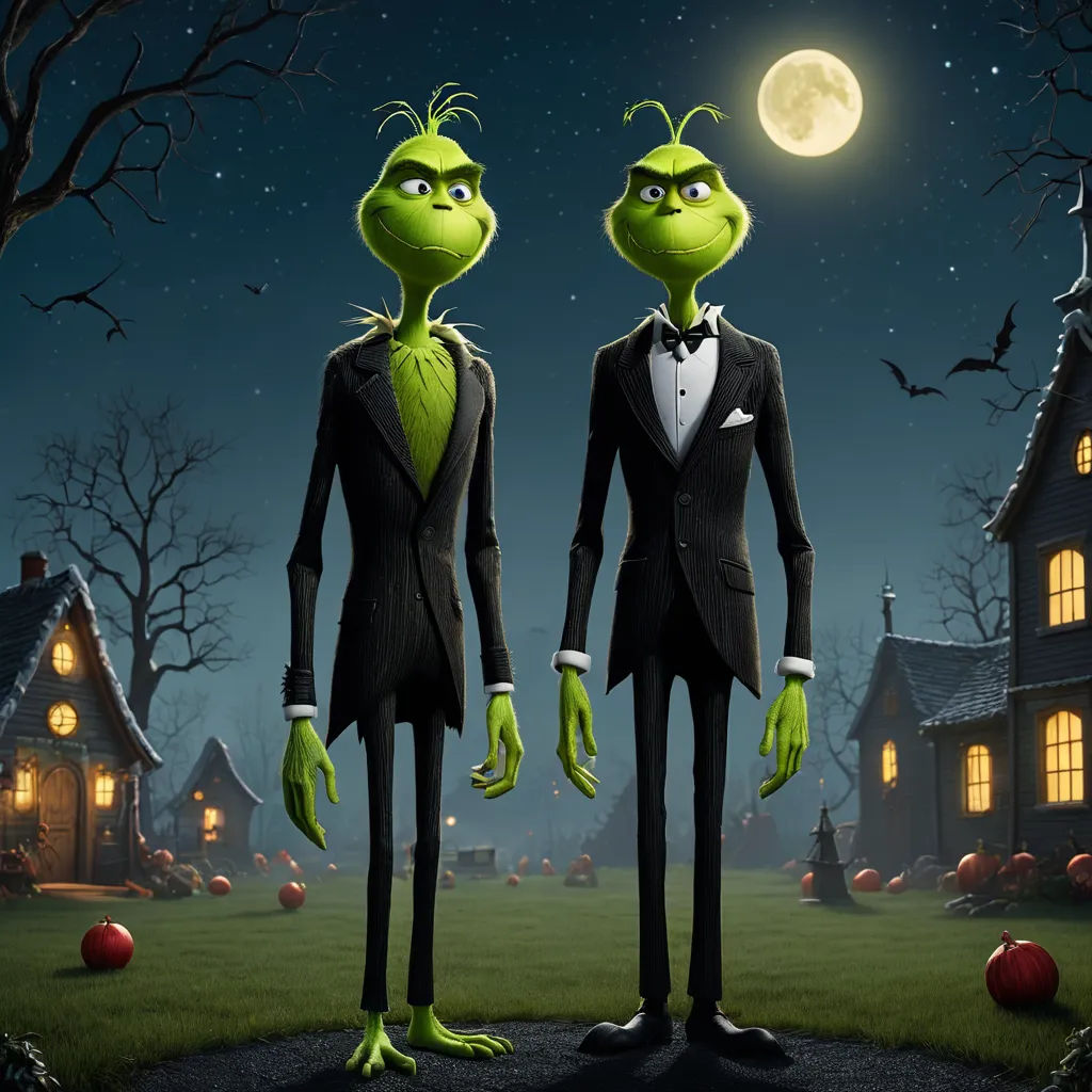a couple of green men in tuxedos standing in front of a house at night with a full moon, les nabis, poster art, Andries Both, promotional image