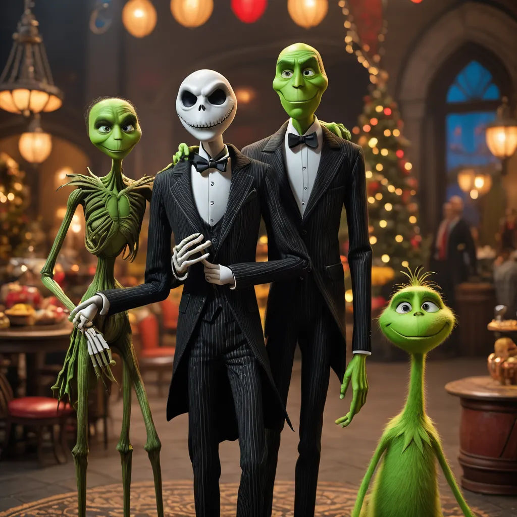 a group of three animated characters dressed in black tuxedos and green heads and tails, standing in a restaurant, antipodeans, a poster, Felix-Kelly, promotional image