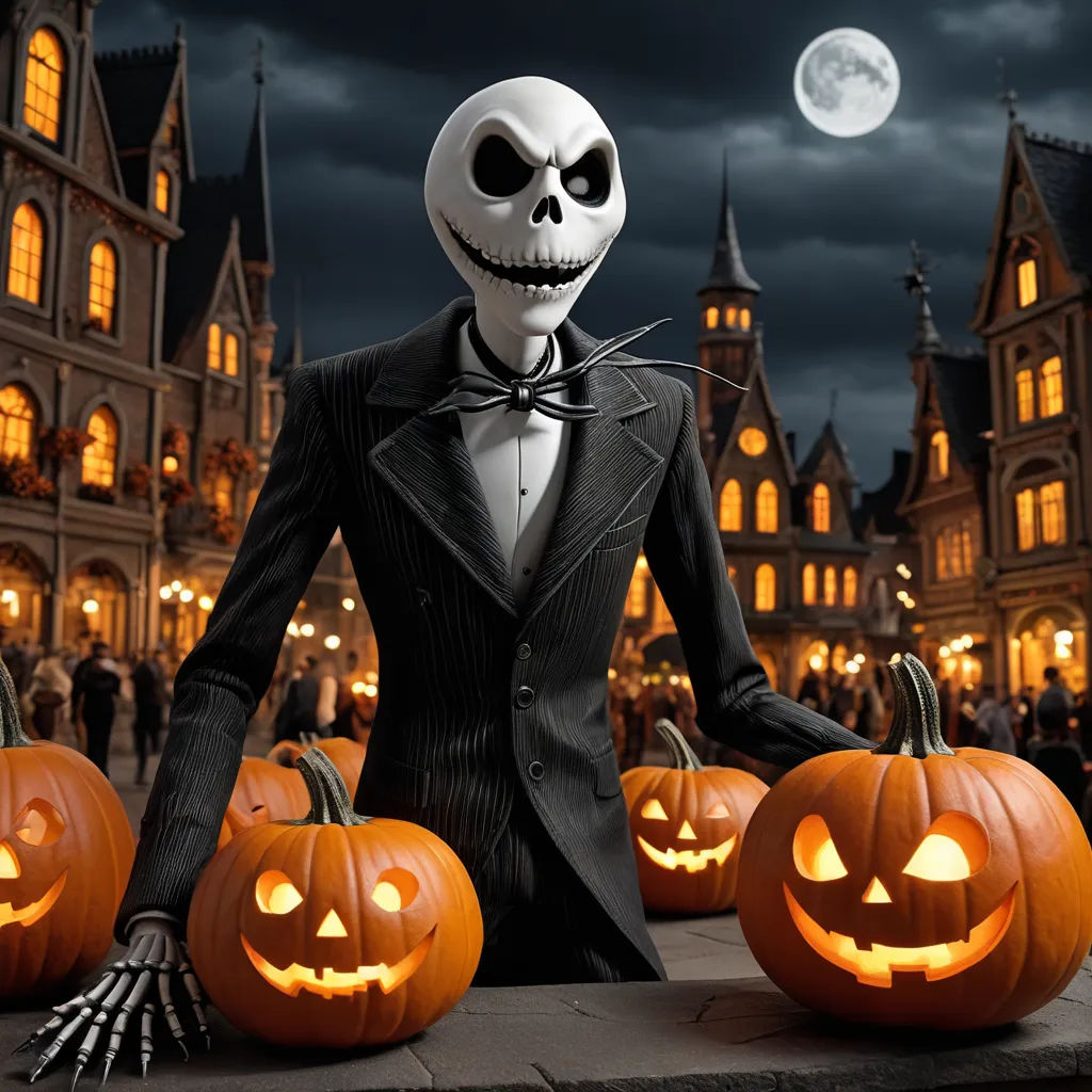 a skeleton dressed in a suit and bow tie standing next to pumpkins in front of a castle at night, gothic art, a character portrait, Anne Stokes, spooky